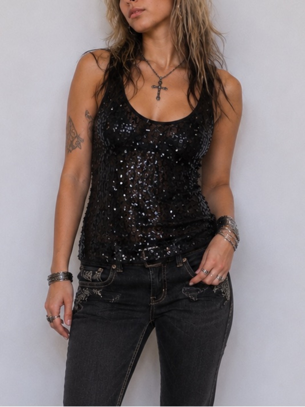 Seductions Y2K Party Girl Black Sheer Sequin Tank Top